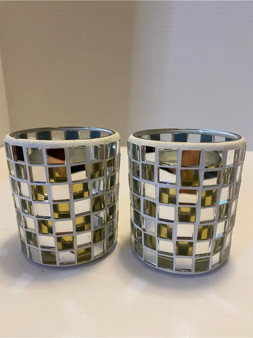 Silver Mirror Mosaic Votive Glass Candle Holder With Gold Insert Set Of 2